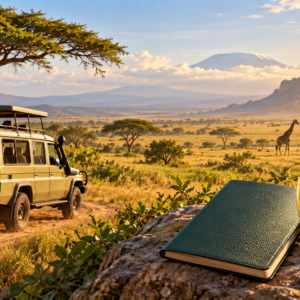 Illustration of a Tanzania safari vehicle, giraffes, passport and shield representing travel protection
