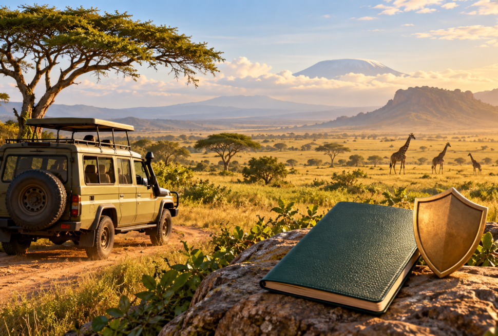Illustration of a Tanzania safari vehicle, giraffes, passport and shield representing travel protection