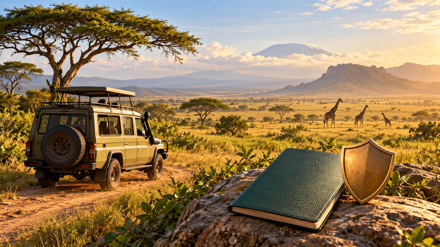 Illustration of a Tanzania safari vehicle, giraffes, passport and shield representing travel protection